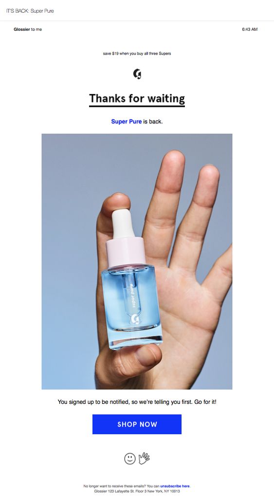 Glossier's Back-in-Stock Email