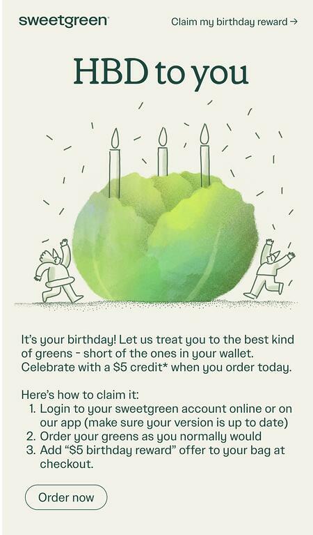 Sweetgreen's Birthday Email