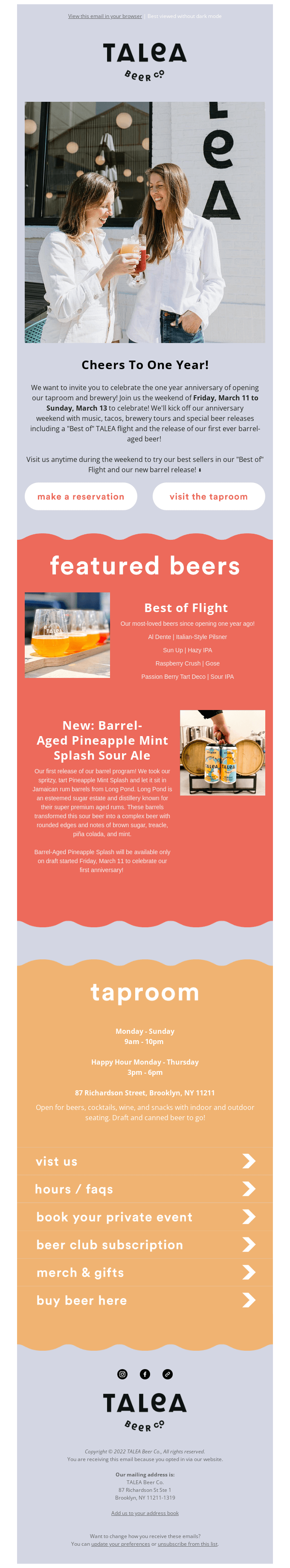 Talea Beer Co.'s Anniversary Email