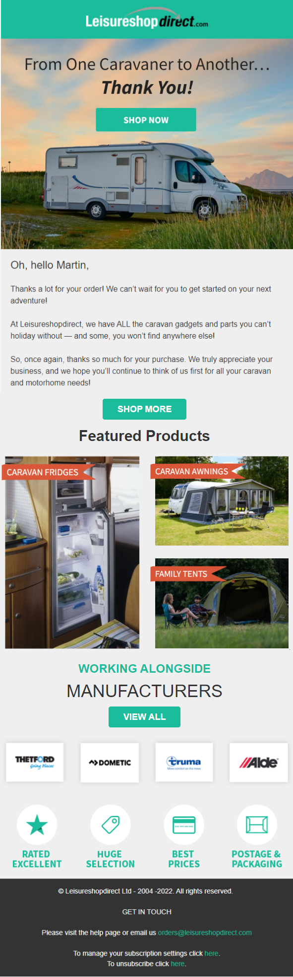 Leisure Shop's Post-Purchase Thank You Email