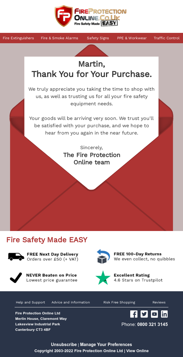 Fire Protection Online's Post-Purchase Thank You Email