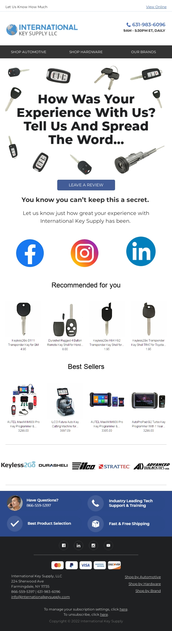 International Key Supply's Post-Purchase Review Request Email