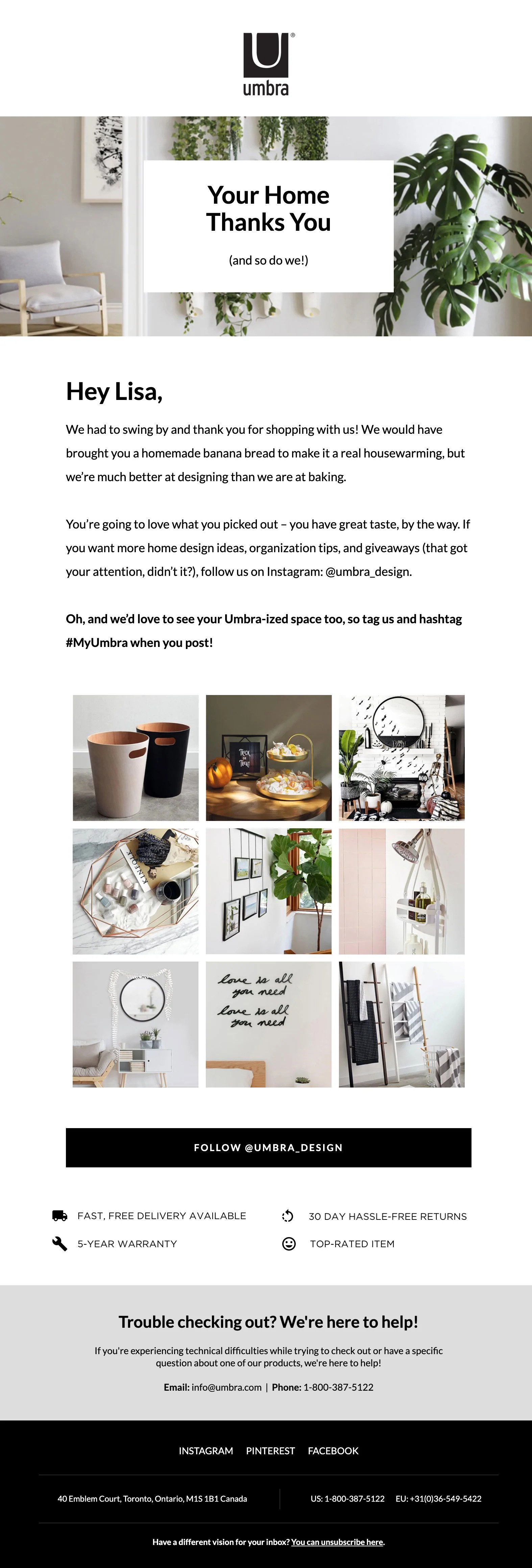 Umbra's Post-Purchase Thank You Email