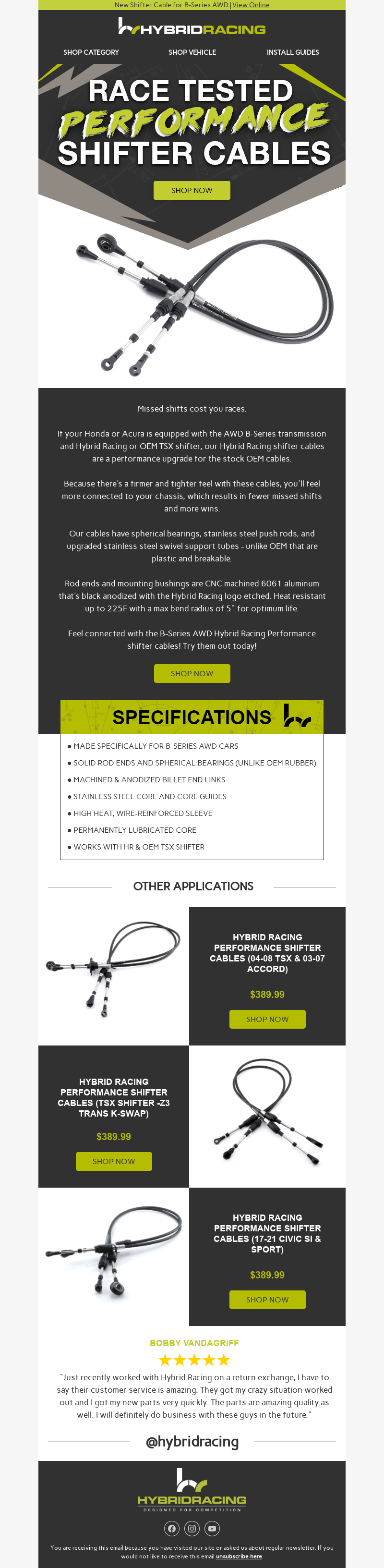 Hybrid Racing's Product Launch Email