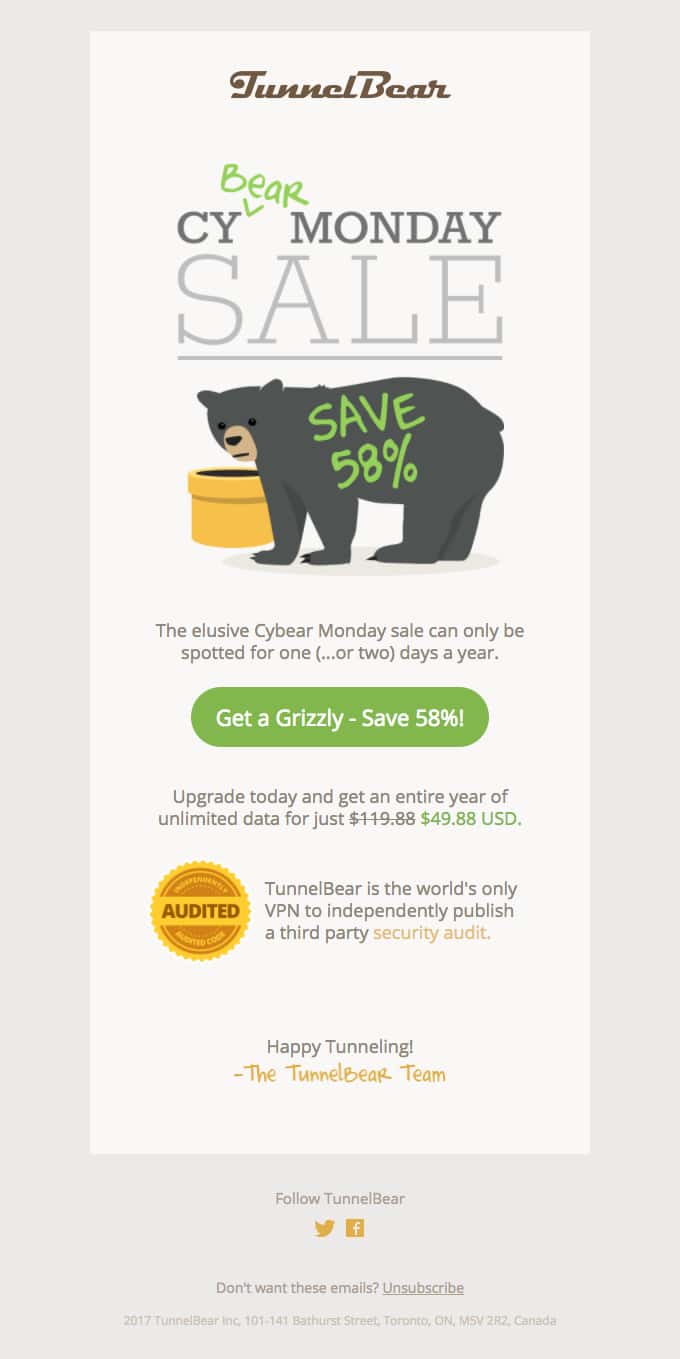 Tunnel Bear's Best Cyber Monday Email