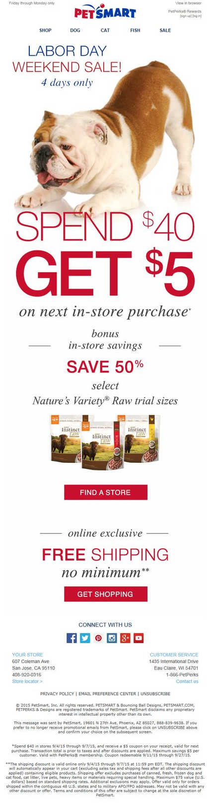 Pet Smart's Labor Day Sale Email