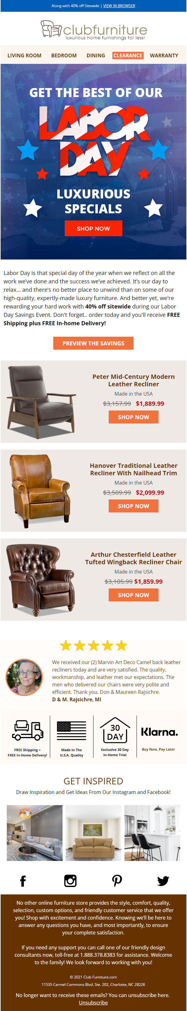 Club Furniture's Labor Day Sale Email