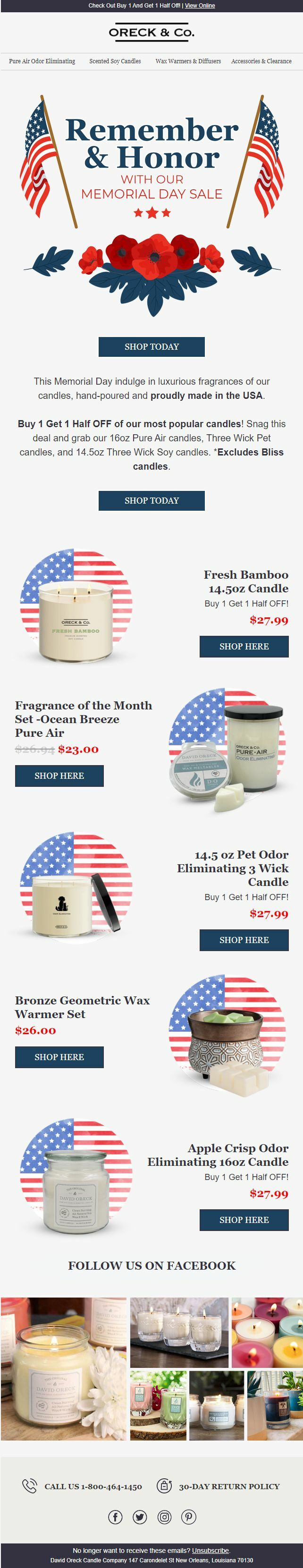 David Oreck Candles' Memorial Day Email