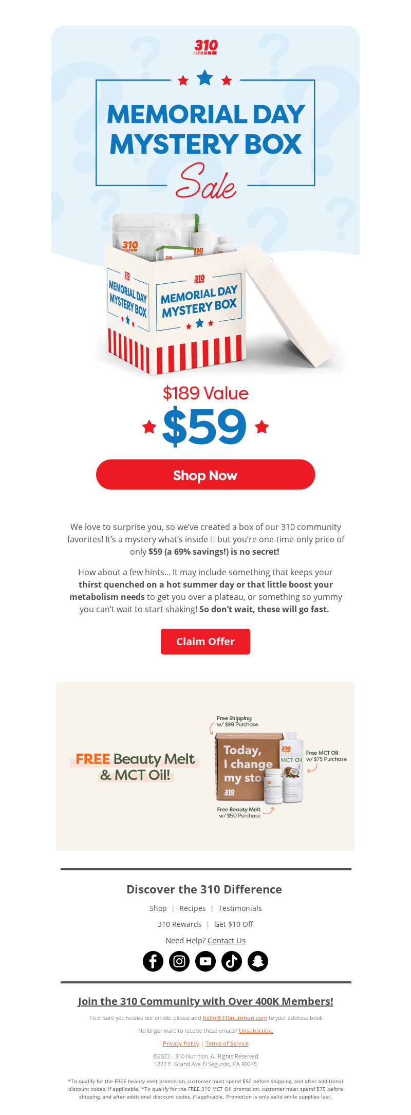 310 Nutrition's Memorial Day Email