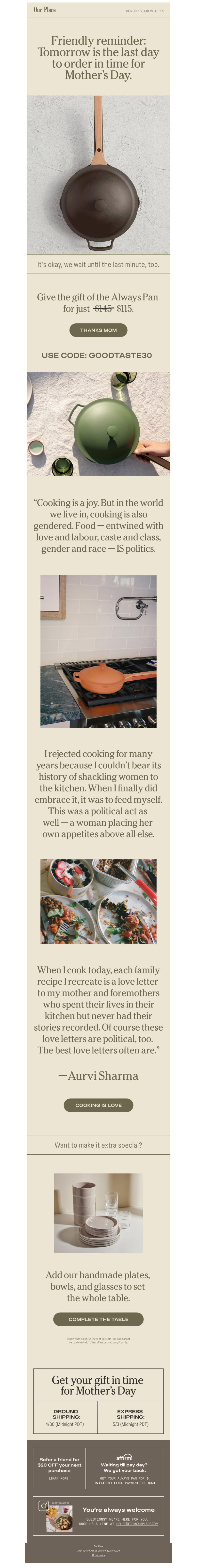 Our Place's Mother's Day Email